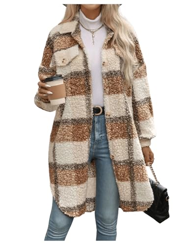 SOLY HUX Women's Fuzzy Plaid Jacket Button Down Long Sleeve Fleece Jacket Warm Outerwear Coat
