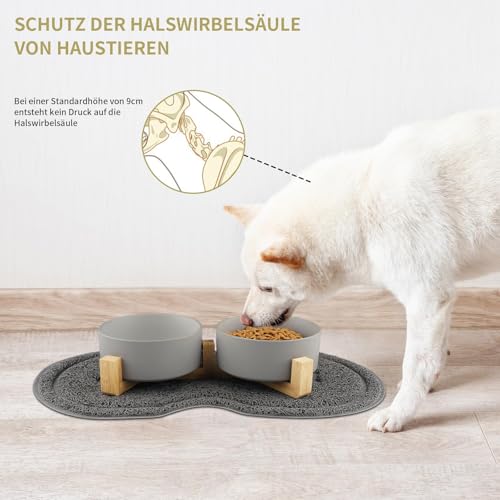 Vexillic Hundenapf Keramik, 400ML Doppel Futternapf Hund, Hundenapf Erhöht mit Bambus Ständer und Rutschfestem Matte für Kleine Bis Mittlere Hunde