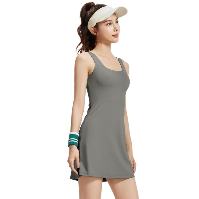 fierre shann Women's One-Piece Sports Sleeveless Tennis Skirt with Built-in Chest Pad, Round Neck Solid Color Yoga Dress Gray-picture-39