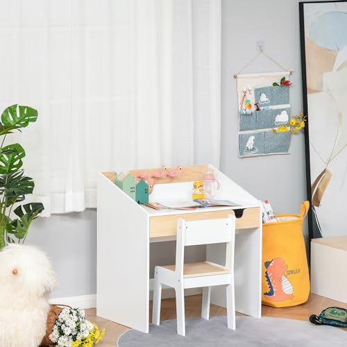 Miniatura 2 de Homcom Escritorio Para Niños Con Silla De 3 A 6 Años Pupitre Infantil De 2 Piezas Con Cajón Y Estantes De Libros Escritorio Infantil Para Estudio Dormitorio Blanco Y Natural