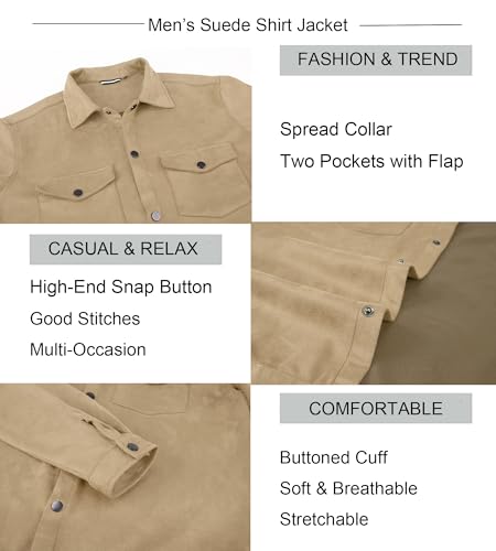 Alex Vando Mens Suede Shirt Jackets Long Sleeve Two Pockets Snap Casual Button Down Shirts