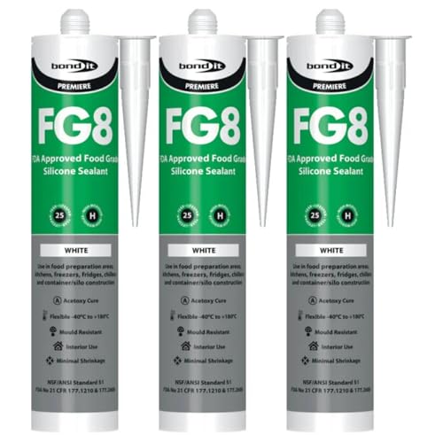 Image of Bond It FG8 Food Grade Fungicidal Silicone Sealant – 3x White, 310ml | FDA Approved – Mould Resistant – Heat & Cold Stable | Waterproof Silicone for Food Machinery – Deep Freezers – & Kitchen Sealing