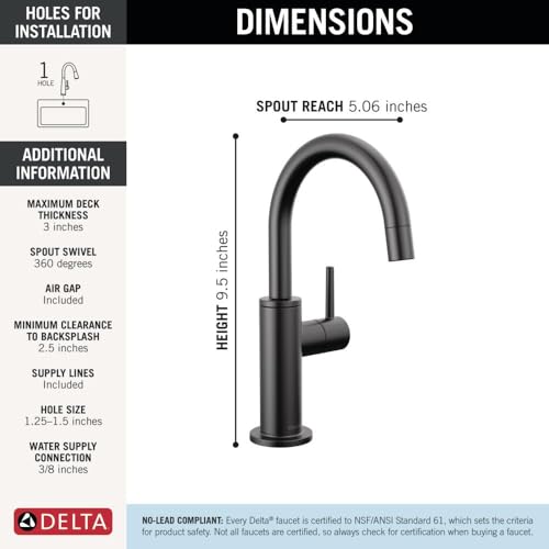 Image of Delta Contemporary Beverage Dispenser Faucet, Matte Black Drinking Water Kitchen Sink Faucet, Matte Black 1930-BL-DST