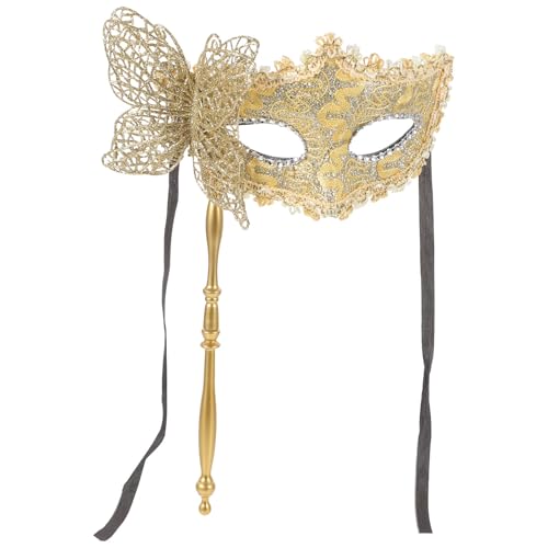 EXCEART Handheld Dragon Pattern Masquerade Mask with Stick - Unique Golden Mask for Halloween Cosplay Party and Gatherings