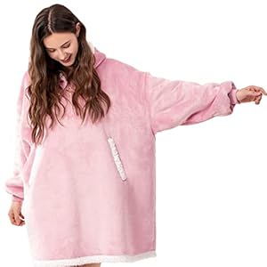 Sunolga Wearable Blanket Oversized Microfiber & Sherpa Wearable Blanket Hoodie, Sweatshirt with Hood Pocket and Sleeves, Super Soft Warm Plush Hooded Blanket for Adult Women Men,Pink