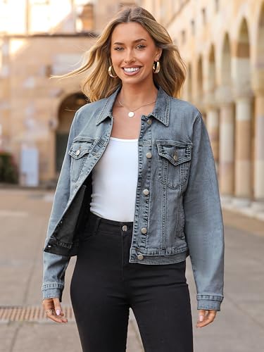 Image of Glamaker Womens Jean Jacket 2026 Basic Trendy Long Sleeve Denim Jackets Button Down Fitted Western Coat with Pockets