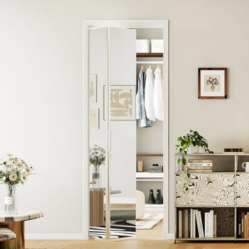 Image of Bifold Door for 24 inchx80 inch Opening, Preassembled Aluminum Alloy Mirrored Folding Door with Hardware Kit Included, Interior Bi fold Barn Door for Bedroom & Closet, Silver