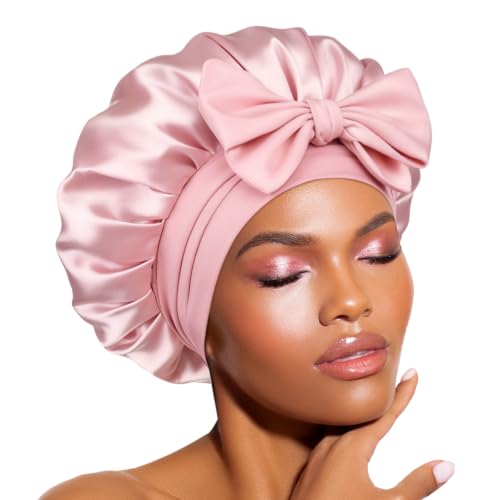 BONNET QUEEN bonnet soie sommeil double couche satin rose pastel