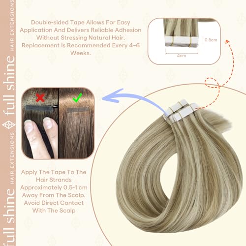 Image of Full Shine Hair Extensions Tape in, Desert Blonde Mix 24 Inch | 100g 40PCS, Brazilian Invisible Tape Ins Human Hair Extensions, Double Sided Lightweight Glam Photoshoot Look Full Ends