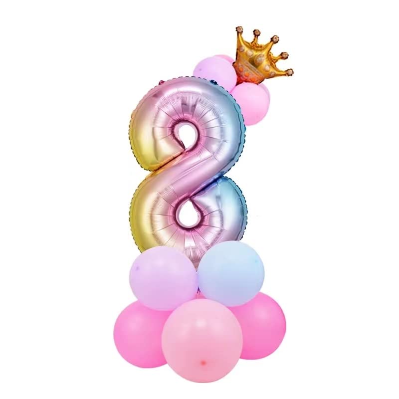 Photo 1 of *SET OF 2* 32 inch Aluminum Foil Rainbow Gradient Number 8 Crown Balloon, Giant Aluminum Foil Number 8 Balloon, Birthday Balloon, Children's Birthday Party Baby Shower Decoration Supplies (Number8)