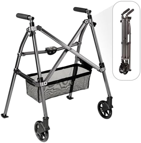 Stander EZ Fold-N-Go Walker, Lightweight Folding 2 Wheel Travel Walker for Seniors with Swivel Wheels, Black Walnut