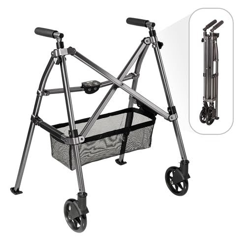 Stander Wonder Walker Plus, Lightweight Folding Mobility Aid for Adults, Seniors, and Elderly, Collapsible Travel EZ Fold-N-Go with Wheels, Glides, & Basket, Black Walnut by Stander - Used condition - US$113.28