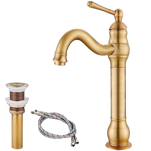 Heyalan Bathroom Vessel Sink Faucet Antique Brass Tall Body 360 Degree Spout One Handle Lever Single Hole Deck Mount Brass Pop Up Drain Assembly Without Overflow Vanity Mixer Tap #TOP9