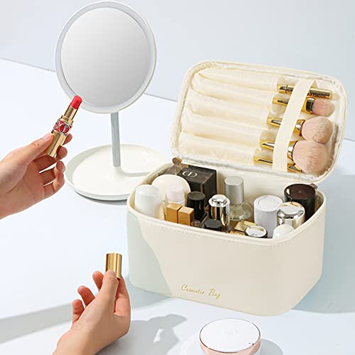 Preppy Makeup Bag Travel Cosmetic Bags Small For Women Girls Zipper Pouch Case Organizer Waterproof Cute (Beige) #TOP1