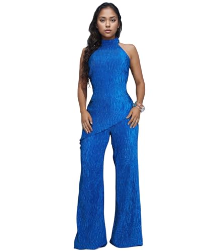 PORRCEY Women Sexy Halter Pleated 2 Piece Wide Leg Jumpsuit(7423,Blue,L)