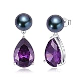YAMI Black Pearl Earrings for Women, 925 Sterling Silver Birthstone Teardrop Stud Dangle Earrings, Created Amethyst Purple Earrings Pear Shaped Zircon Gem, 8-8.5MM Saltwater Cultured Pearl Jewelry