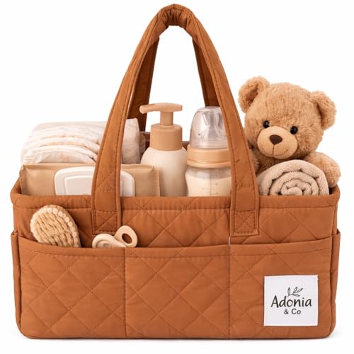 Adonia & Co Diaper Caddy Organizer – Nursery Storage Basket for Newborn Essentials Must Haves & Baby Must Haves – Portable, Machine Washable Baby Diaper Bag Organizer (Brown)