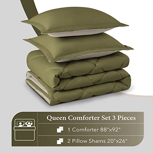 Downluxe Queen Comforter Set, Lightweight Solid Down Alternative Reversible, 3-Piece Queen Size Comforter Set With 2 Reversible Pillow Shams (Olive Green/Ivory) #TOP5