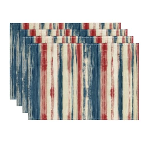 Artoid Mode Blue Red Watercolor Striped Placemats Set of 4, 12x18 Inch Seasonal 4th of July Table Mats Kitchen Dining Party Decoration
