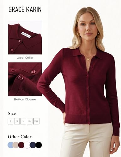 GRACE KARIN Cardigan Sweaters for Women Summer Cardigans Lightweight Long Sleeve Button Down Sweaters Top(Burgundy,x-Large) — view 4