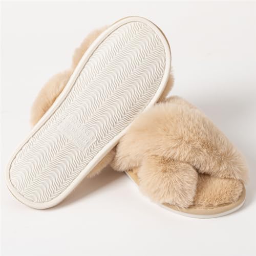 Image of Women's Cross Band Fuzzy Slippers Fluffy Open Toe House Slippers