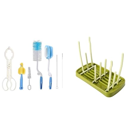 SYGA 7 Pcs Baby Milk Bottle Nipple Straw Brush Sponge BPA Free PP Cleaning Brush Cleaner Bottle Tong Set? & SYGA Foldable Baby Bottle Drying Racks Feeding Cup Nipple Storage Shelf Stand Holder