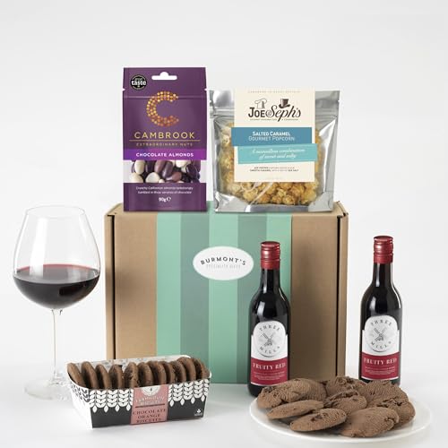 Burmonts Red Wine & Chocolate Gift Hamper - Two Small Red Wines Joe & Sephs Popcorn Cambrook Chocolate Almonds & Premium Choc Chip Biscuits - Hamper Exclusive To Burmonts