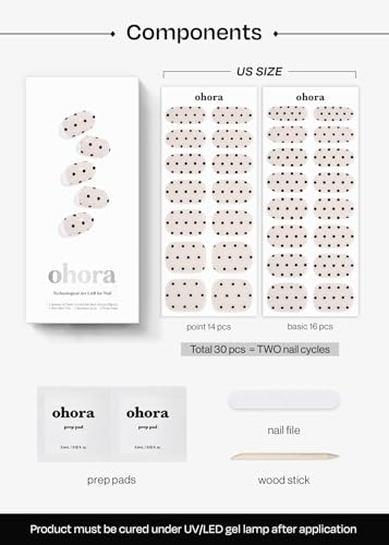 Image of ohora Semi Cured Gel Nail Strips (N Polka Noir) - Works with Any Lamps, Salon-Quality, Long Lasting, Easy to Apply & Remove - Includes 2 Prep Pads, Nail File & Wooden Stick