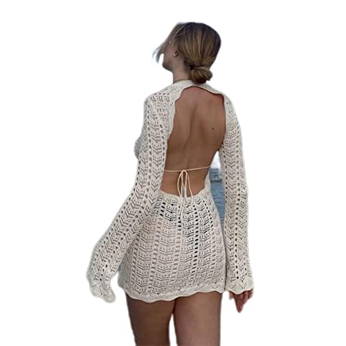 OKGD Robe vintage en crochet avec fleur ajourée pour femmes chic sexy en tricot dos nu noué Mini robe d'été plage vacances Bodycon-blanc crème,L