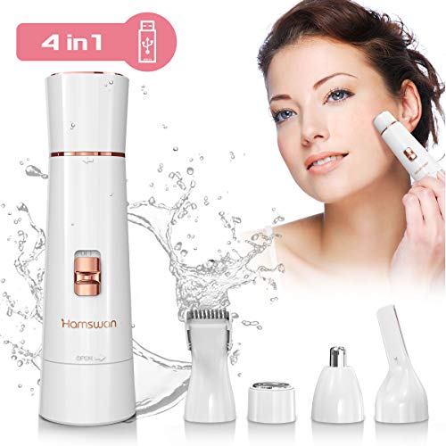 Facial Hair Removal for Women 4 in 1 Painless Electric Hair Removal Kit Included Facial Shaver, Nose Trimmer, Eyebrow Trimmer, Body Shaver,IPX 6 Waterproof Hair Remover with USB Charging