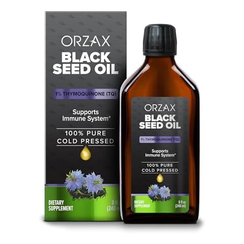 ORZAX Black Seed Oil Liquid (8 fl oz) - Cold Pressed 100% Pure | Vegan, Gluten Free, Non-GMO – Rich in Thymoquinone & Omega 3 6 9 | Nigella Sativa Black Cumin Essential Oil in Glass Bottle Cover
