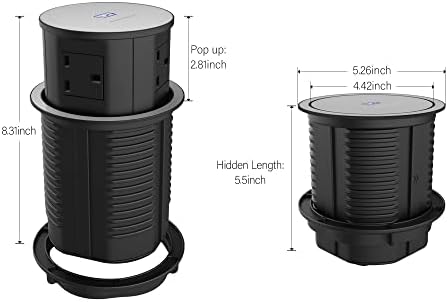 Automatic Pop up Power Socket with 15W Wireless Charger,Pop up Plug Extension Socket with 2 PD 20W Type C Port,4 USB Slots,3 Way Outlets Extension Lead,4.7'' Hole Pop Up Outlet for Kitchen Worktops