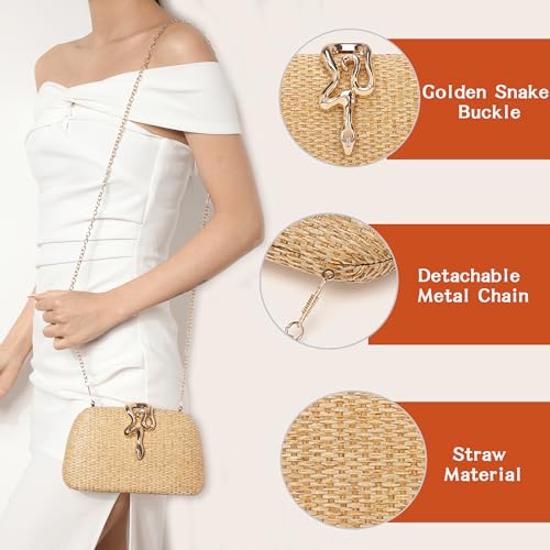 Image of Straw Clutch Purses Summer Beach Purse for Women Woven Vacation Handbags Snake Clasp Straw Beach Bag