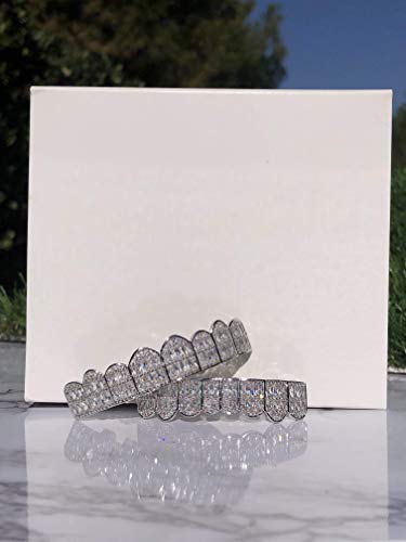 14k Iced Baguette Set 8 teeth Joker Silver White Grillz for Mouth Top Bottom Hip Hop Teeth Grills for Teeth Mouth Grillz for Mouth Top Bottom (Silver) - Thumbnail 6