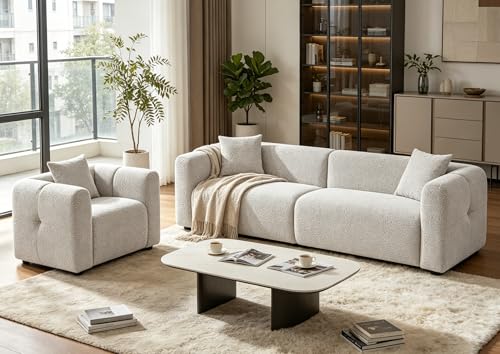 VANOMi Living Room Furniture Sets of 2, Modern Boucle Sofa and Chair Sets with Cozy Oversized Armchair & 95" W Large Loveseat Sofa for Living Room, Office, Apartment, Light Khaki
