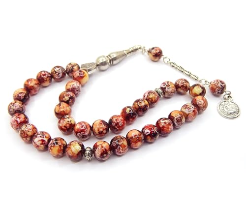 Perlin Gebetskette Gebetsperlen Tesbih Tasbih Tespih Misbaha Subha 33 10mm Glas Muslimisches Islamic Rosenkranz Schmuck Armbänder Anbetungszubehör Edelstein Effekt (Rot)