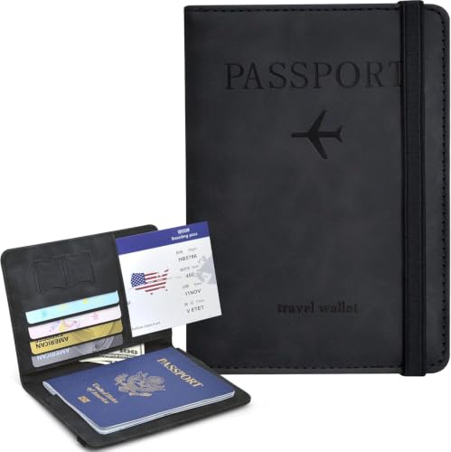 Image of PU Leather Passport Holder Travel Wallet Organiser for Men & Women | 4 Card Slots 2 SIM Slots Money Case | Travel Document Case Cover Passport Pouch Slim Unisex Gift - Black