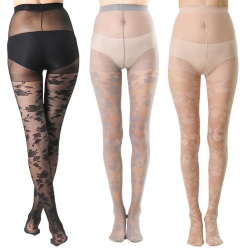 Generic 3 Pairs Premium Fashion Flower Pattern Tights for Women with Designs Sheer Colorful Pantyhose Stockings Package (One Size,Black Grey Nude)