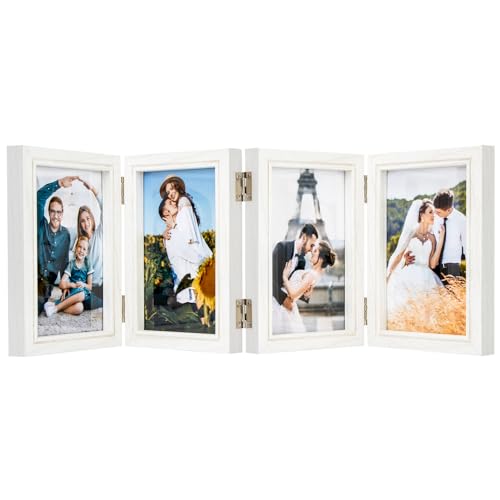 4x6 Four Picture Frame 4 Hinged Photo Frame with 4 Openings, Natural Wood Foldable Photo Frame with High Definition Acrylic for Birthday Father's Day Christmas Gift, Rustic Desk Family Picture Collage, White