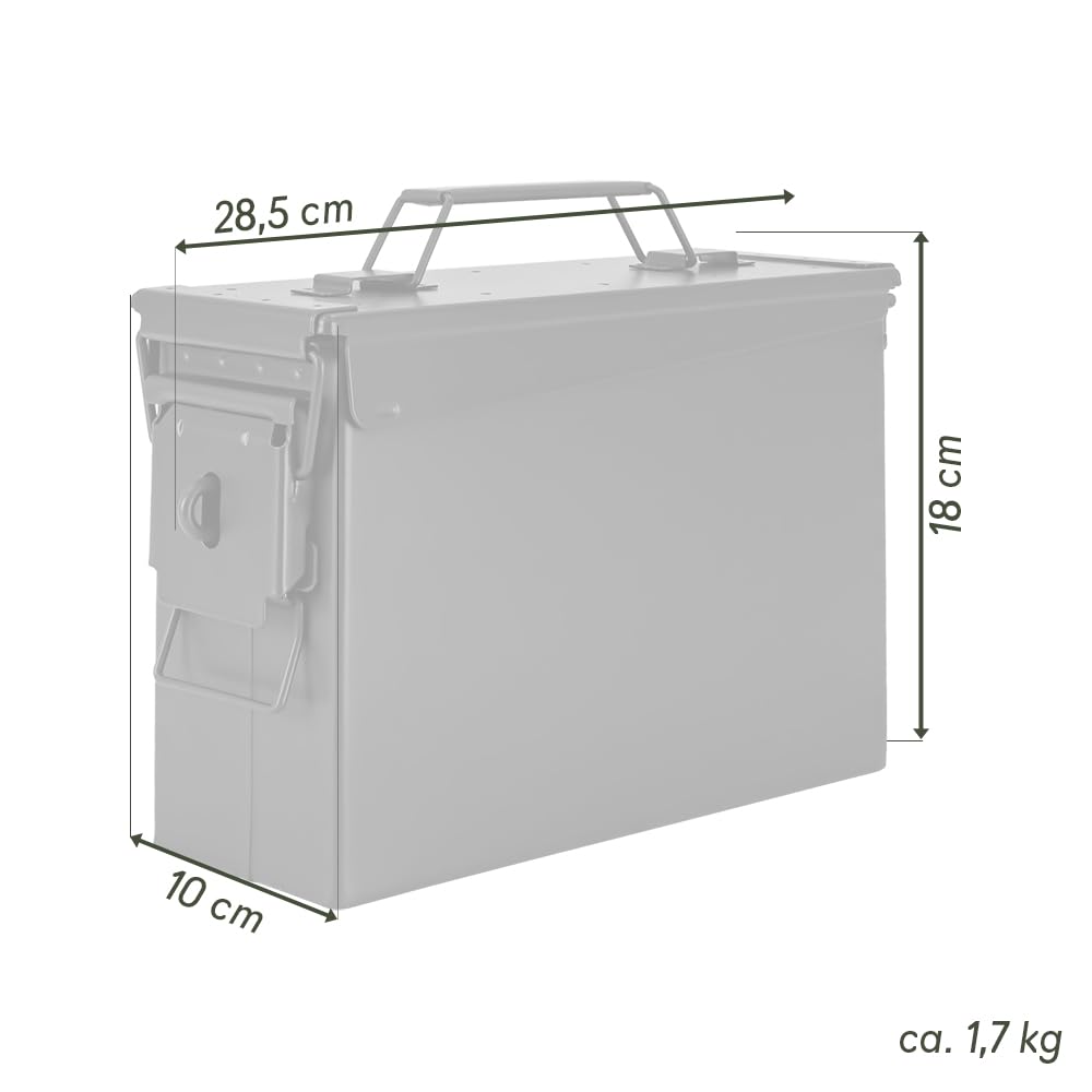 Trucky Caja de municiones Ammo Box 28x10x18 cm Caja metálica Caja de almacenamiento con tapa Ejército Metal Verde