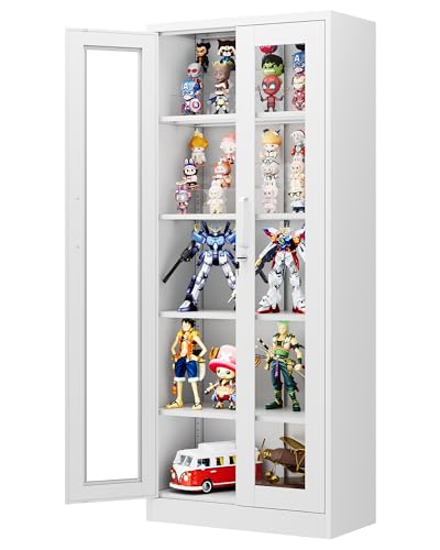 PEUKC 67''H Display Cabinet with Glass Doors, Metal Display Case with Lock and 4 Adjustable Shelves, HD Tempered Glass Curio Storage Cabinet for Home, Living Room, Office, White, Assemble Required