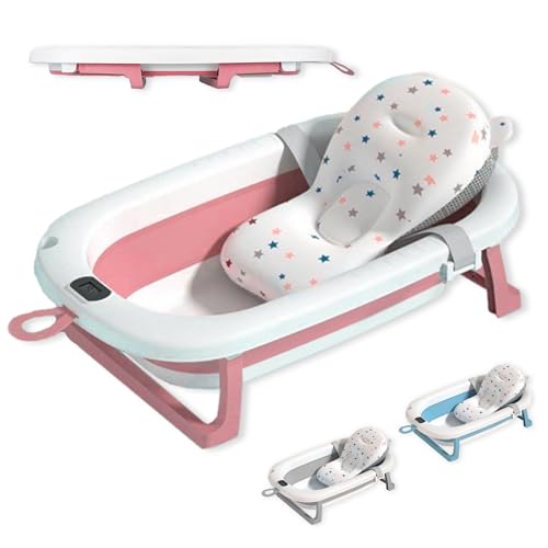 JUPPLIES Bañera Plegable Bebe con Cojin Ergonomico - Bañera Bebe con Patas Plegables Antideslizantes y Termómetro Digital - Bañerita Bebe Portatil y Facil de Guardar (Rosa SIN patas)