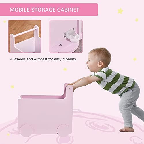 HOMCOM Wooden Toy Box Baby Learning Walker Kids Storage Chest Cabinet Rolling Shopping Cart Push Toy for Toddler 1-4 Years, Pink