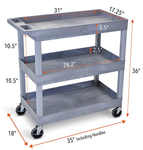Tubstr 3 Shelf Utility Cart | Heavy Duty Service Cart Supports Up To 400 Lbs | Tub Cart With Deep Shelves | Great For Warehouse, Garage, Cleaning, Office & More (32 X 18 / Gray) #TOP5