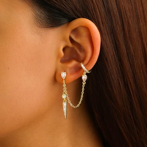 XENORI Gold Chain Earrings for Women, Trendy 14K Gold Plated Ear Cuff with Chain, Dangle Drop Stud Earrings, Stacked Huggie Hoop, Cubic Zirconia Dainty Tassel Hypoallergenic Jewelry Gifts — view 3