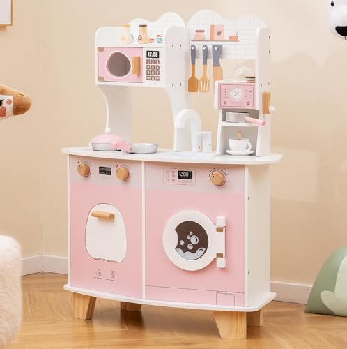 Costzon Play Kitchen, Wooden Toy Kitchen Set with Coffee Maker Playset, Washing Machine, Microwave, Oven, Pretend Play Cooking Accessories, Kids Kitchen Playset, Gift for Boys Girls (Pink)