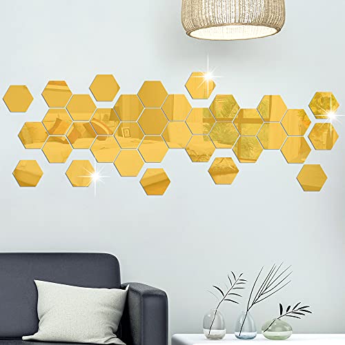 Rw-103 36 Pcs Acrylic Mirror Wall Stickers Hexagon Mirror Wall Decals Diy Removable 3D Geometric Hexagon Mirror Art Setting Wall Decor For Bedroom Living Room Office Kitchen Home Decoration (Gold) #TOP3
