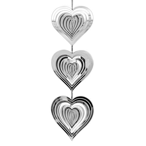 3D Stainless Steel Wind Spinner, Silver Reflective Heart Garden Ornaments Outdoor Indoor, Spinning Decor to Scare Birds Away from Patio Lawn Yard (3 Hearts)