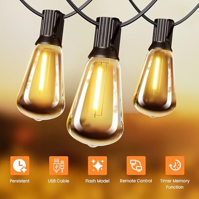 OHLUX 120FT Solar String Lights Outdoor with Remote, 2200K Soft Warm Patio Lights with 52 Shatterproof ST38 Tear-Drop LED Filament Bulbs, Dimmable Outside Edison Hanging Light for Backyard Deck Roof