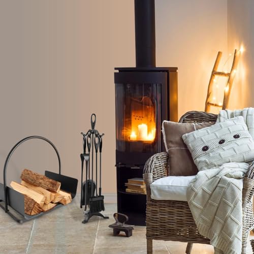 Amagabeli 25.2″(64cm) 5- tlg.Kaminbesteck Sets Schmiedeeisen und Innenausstattung Kaminzubehör Holzhalter Kaminständer Feuerzange Schaufel Antikbürste Schornsteinschürhaken Holzofen (Schwarz)-9